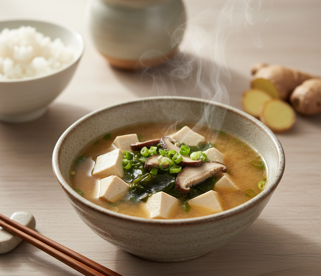 Bol de soupe miso japonaise maison, avec tofu, algues wakame et oignons verts, posé sur une table en bois clair dans une lumière naturelle.