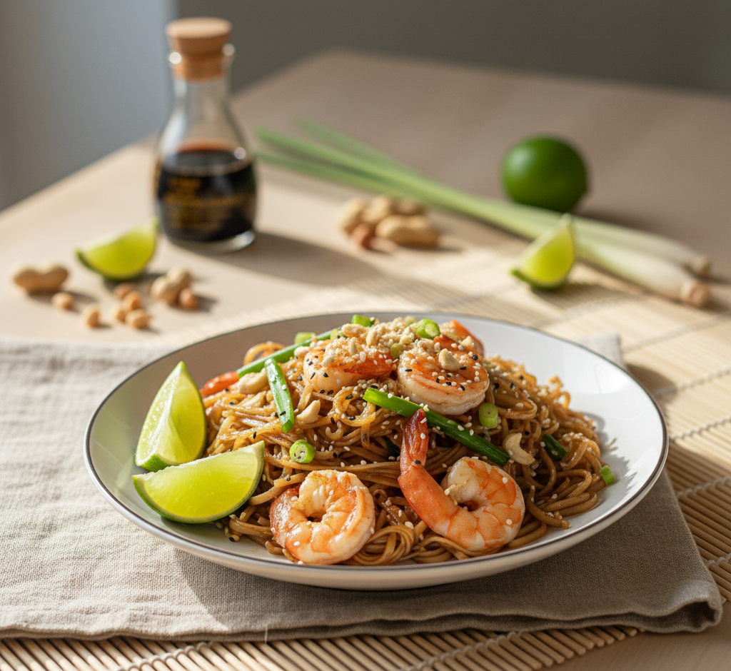 Assiette de Pad Thaï aux crevettes maison, nouilles de riz, citron vert et oignons verts sur une table en bambou, photo culinaire naturelle et lumineuse.