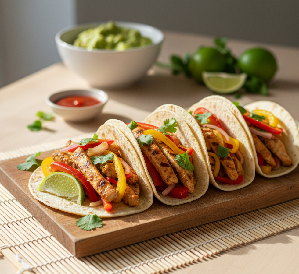 Tacos mexicains au poulet maison, garnis de poivrons colorés, citron vert et coriandre, sur une planche en bois dans une lumière naturelle.